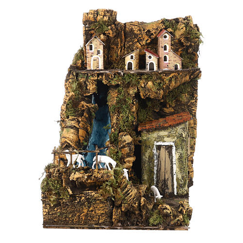 Krippenszenerie mit Wasserfall und Bergdorf, neapolitanischer Stil, für 8-10 cm Krippe, 35x25x30 cm 1