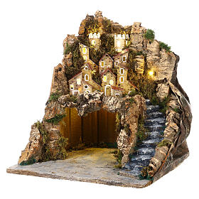 Rustic stable and village 35x30x30 cm for Neapolitan Nativity Scene of 8-10 cm