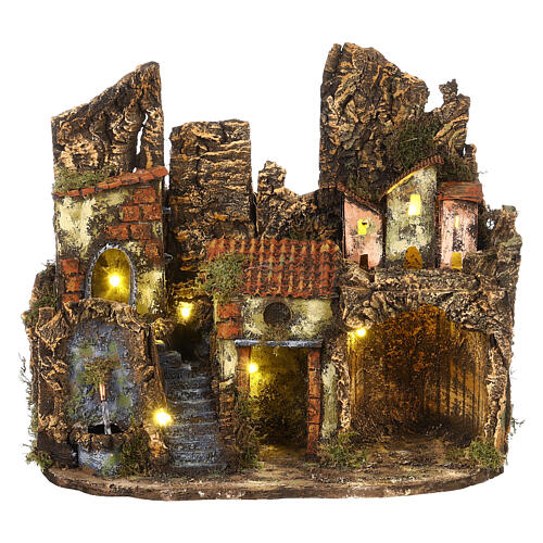 Belén napolitano con fuente 35x40x25 cm corcho estatuas 8-10 cm 1