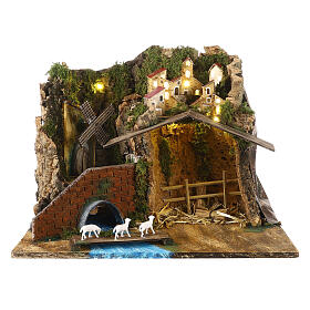 Crèche napolitaine ruisseau et moulin 35x45x30 cm santons 8-10 cm