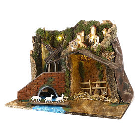 Crèche napolitaine ruisseau et moulin 35x45x30 cm santons 8-10 cm