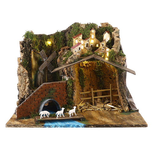 Crèche napolitaine ruisseau et moulin 35x45x30 cm santons 8-10 cm 1