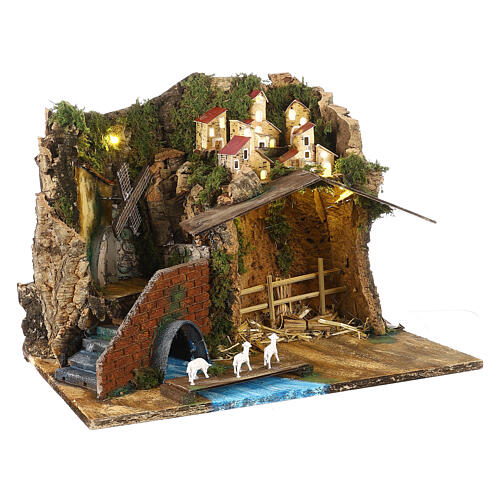 Neapolitan nativity scene stream and mill 35x45x30 cm cork statues 8-10 cm 3