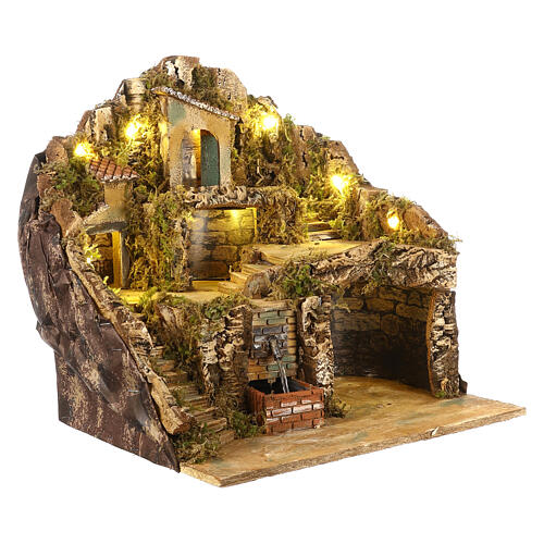 Presepe napoletano con fontana sughero 40x40x40 cm statue 8-10 cm 3