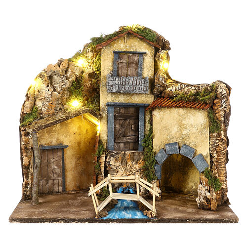 Presepe napoletano con ponticello sughero 40x45x30 cm statue 8-10 cm 1