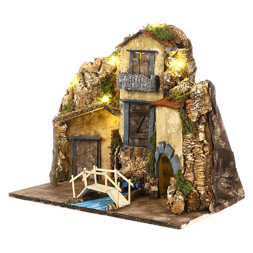 Presepe napoletano con ponticello sughero 40x45x30 cm statue 8-10 cm 2