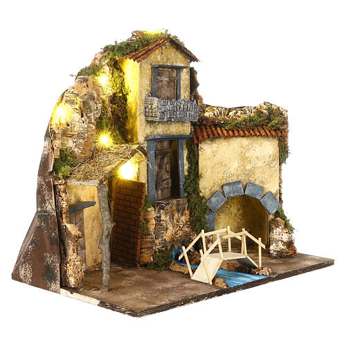 Presepe napoletano con ponticello sughero 40x45x30 cm statue 8-10 cm 3