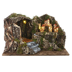 Grotto stable with village 30x50x35 cm cork Neapolitan nativity statues 8-10 cm