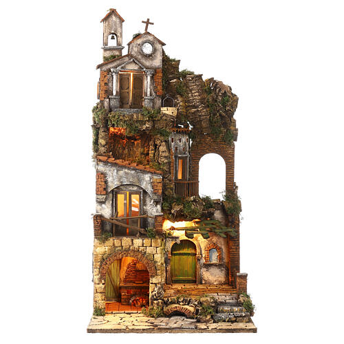 Neapolitan Nativity Scene of 18th century with bell tower 85x40x40 cm for characters of 8-10 cm 1