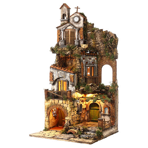 Neapolitan Nativity Scene of 18th century with bell tower 85x40x40 cm for characters of 8-10 cm 3