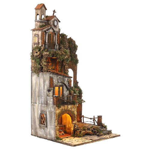 Neapolitan Nativity Scene of 18th century with bell tower 85x40x40 cm for characters of 8-10 cm 5