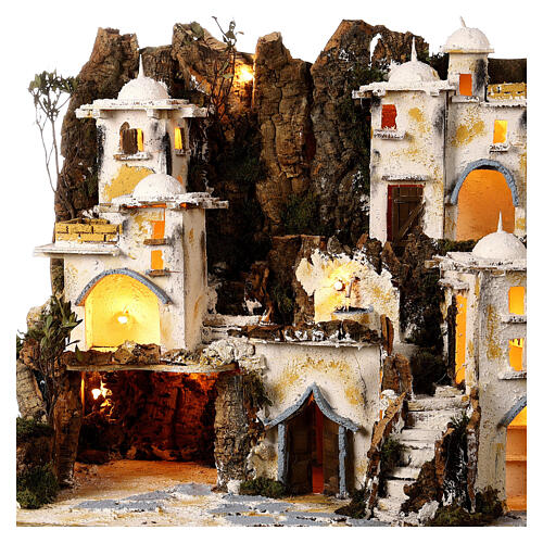 Neapolitan nativity scene with fountain in Arabic style 50x90x45 cm cork statues 8-10 cm 2