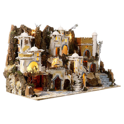 Neapolitan nativity scene with fountain in Arabic style 50x90x45 cm cork statues 8-10 cm 5