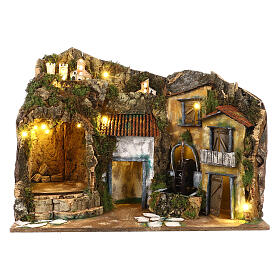Szenerie, Bergdorf, mit Wasserrad und Grotte, neapolitanischer Stil, für 10 cm Krippe, 45x60x35 cm