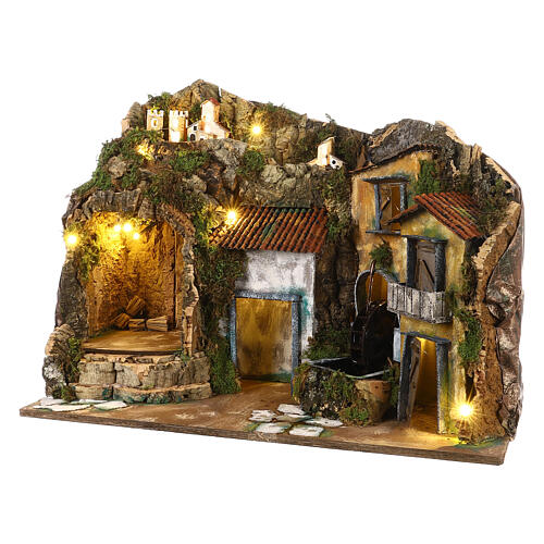 Szenerie, Bergdorf, mit Wasserrad und Grotte, neapolitanischer Stil, für 10 cm Krippe, 45x60x35 cm 2