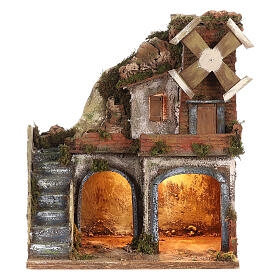 Neapolitan Nativity Scene in 18th century style with mill 35x30x20 cm for 10-12 cm characters