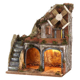 Neapolitan Nativity Scene in 18th century style with mill 35x30x20 cm for 10-12 cm characters