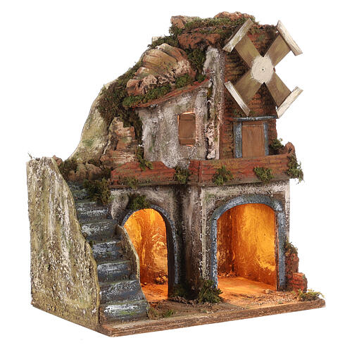 Neapolitan Nativity Scene in 18th century style with mill 35x30x20 cm for 10-12 cm characters 3