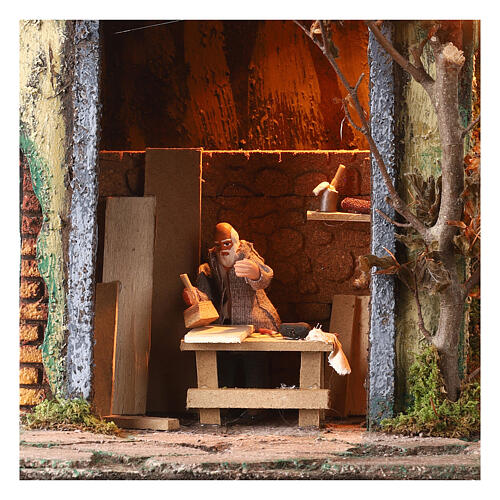 Animated scene with carpenter working and women opening the window for 10 cm Neapolitan Nativity Scene 60x40x35 cm 2