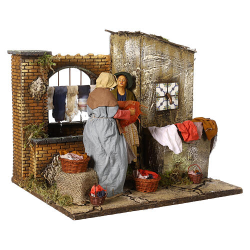 Animated scene of women doing laundry with dripping clothes, Neapolitan Nativity Scene with characters of 30 cm 11
