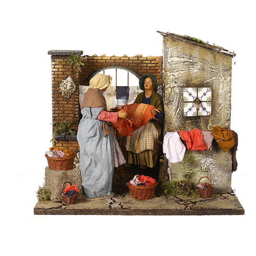Animated scene of women doing laundry with dripping clothes, Neapolitan Nativity Scene with characters of 30 cm 1