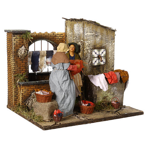 Animated scene of women doing laundry with dripping clothes, Neapolitan Nativity Scene with characters of 30 cm 3