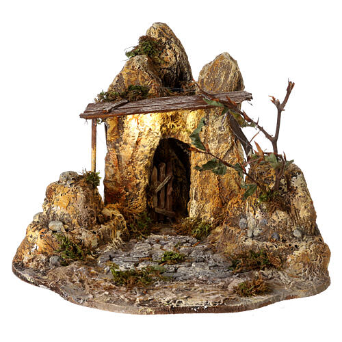 Cabane Nativité auvent et lumière 25x30x30 cm crèche napolitaine 10 cm 1