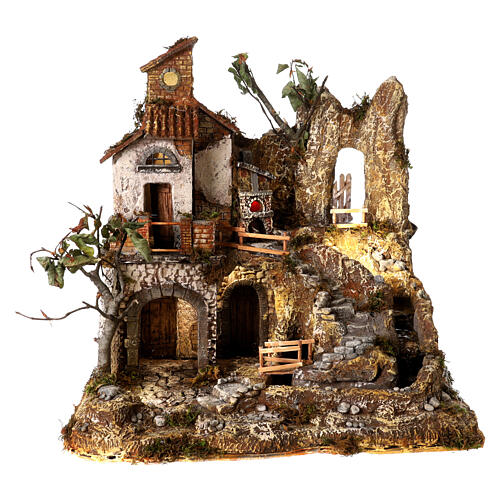 Pueblo Belén Napolitano 8 cm luces torrente escaleras 40x40x30 cm 1