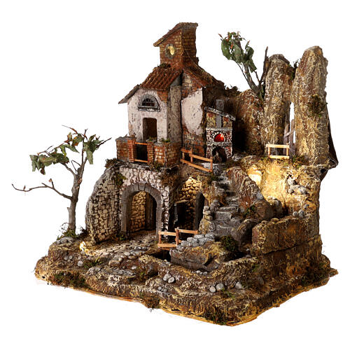 Aldeia com rio, escadas e luzes 40x40x30 cm para presépio com figuras de 8 cm 2
