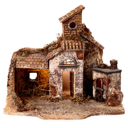 Farmhouse with oven and LED light, 25x30x25 cm, for 6-8 cm Nativity Scene 1