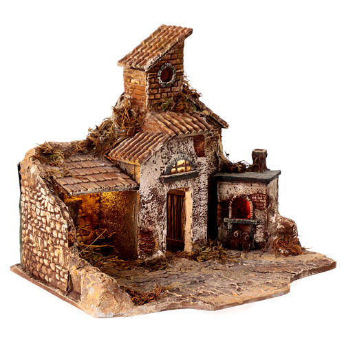 Farmhouse with oven and LED light, 25x30x25 cm, for 6-8 cm Nativity Scene 4