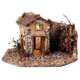 Farmhouse with trees, oven and LED lights for 8 cm Nativity Scene, 20x40x30 cm