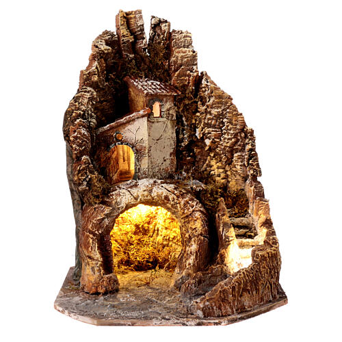 Felsenlandschaft mit Grotte und Bergdorf, mit Beleuchtung, für 10-12 cm Krippe, 40x30x30 cm 1