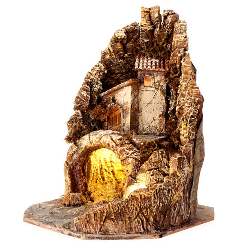Rocky setting with house and cave for 10-12 cm Nativity Scene, 40x30x30 cm 3