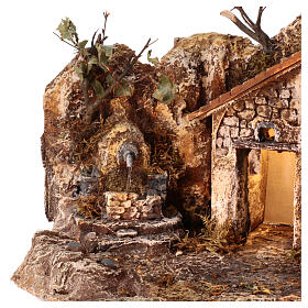 Dorf vor Felswand mit Brunnen und Beleuchtung, für 8-10 cm Krippe, 40x50x40 cm