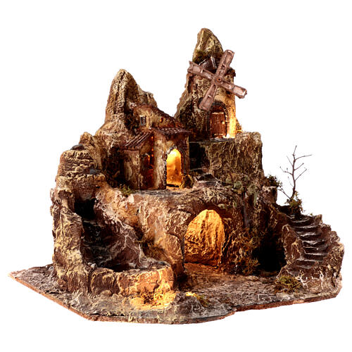 Dorf vor Felswand mit Wasserfall, Windmühle und Beleuchtung, für 8-10 cm Krippe, 45x50x40 cm 5