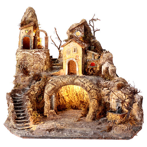 Dorf mit Grotte, Brunnen, Ofen und Treppe, für 8-10 cm Krippe, 40x50x50 cm 1