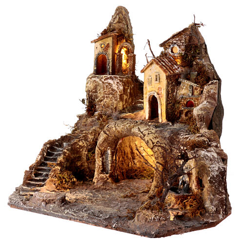 Village éclairé avec grotte, fontaine et four 40x50x50 cm pour figurines de 8-10 cm 3