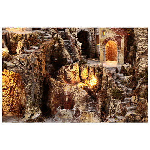 Dorf vor Felswand, mit Wasserfall, Brunnen, Ofen und Beleuchtung, für 10-12 cm Krippe, 85x100x55 cm 2