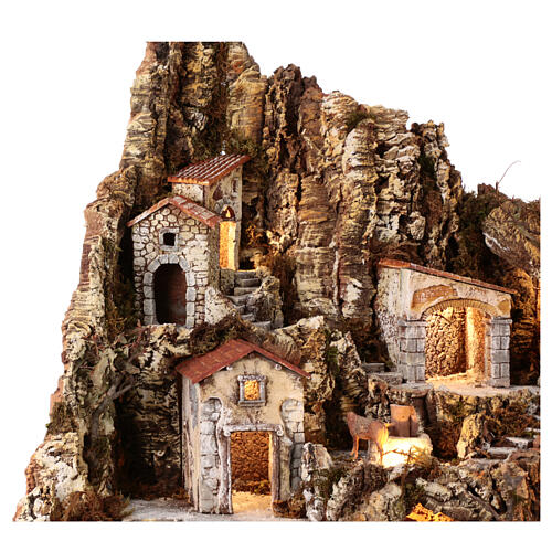Dorf vor Felswand, mit Wasserfall, Brunnen, Ofen und Beleuchtung, für 10-12 cm Krippe, 85x100x55 cm 5