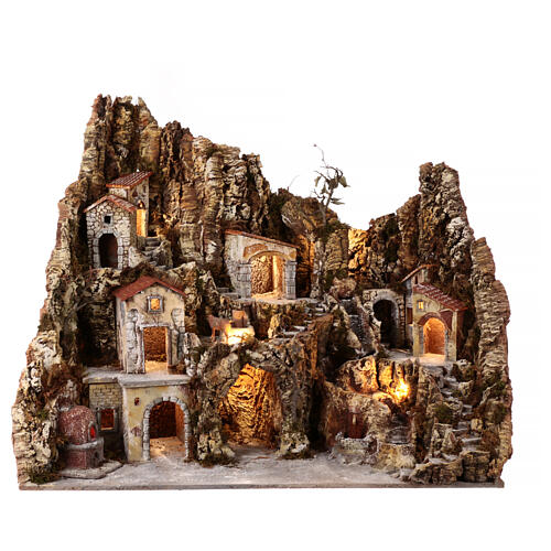 Village dans la roche avec meule four fontaine ruisseau et éclairage LED 85x100x55 cm pour figurines de 10-12 cm 1