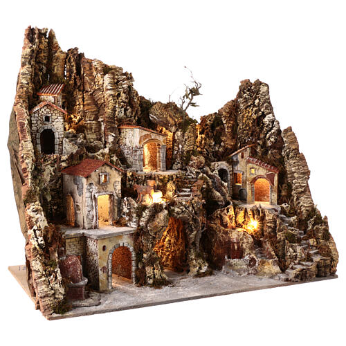 Village dans la roche avec meule four fontaine ruisseau et éclairage LED 85x100x55 cm pour figurines de 10-12 cm 6