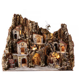 Rustic nativity village 10-12 cm with stream LED oven fountain 85x100x55 cm