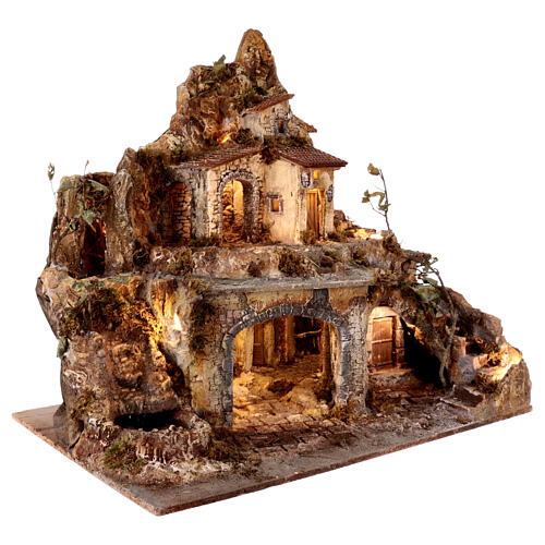 Bergdorf mit Grotte, Beleuchtung und Wasserfall, für 10-12 cm Krippe, 75x80x50 cm 8