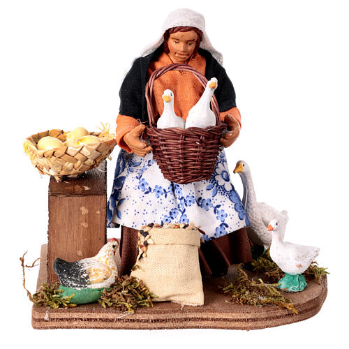 Donna seduta su sgabello con galline oche presepe napoletano 13 cm 1