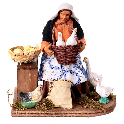 Woman sitting on stool with hens and geese Neapolitan nativity scene 13 cm 1