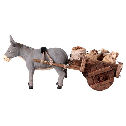 Donkey with wood cart and fabric bags, terracotta figurine for 13 cm Neapolitan Nativity Scene 1