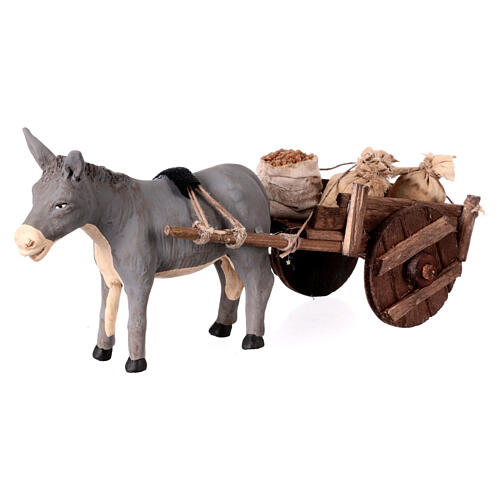 Donkey with wood cart and fabric bags, terracotta figurine for 13 cm Neapolitan Nativity Scene 2