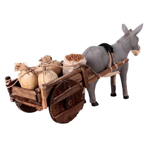 Donkey with wood cart and fabric bags, terracotta figurine for 13 cm Neapolitan Nativity Scene 4