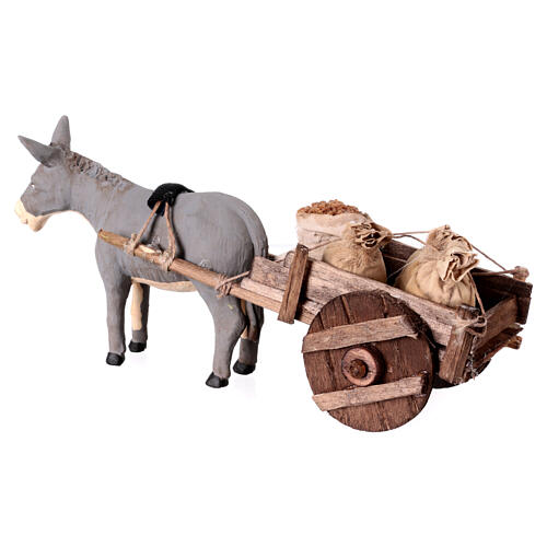 Burro com carrinho de madeira e sacos terracota presépio napolitano 13 cm 3